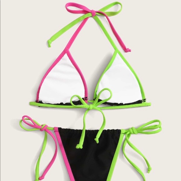 Contrast Triangle Halter Tie Side Bikini - Picture 2 of 4